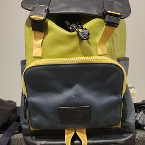 Men's Two-Tone Lime Green & Navy Leather Backpack by